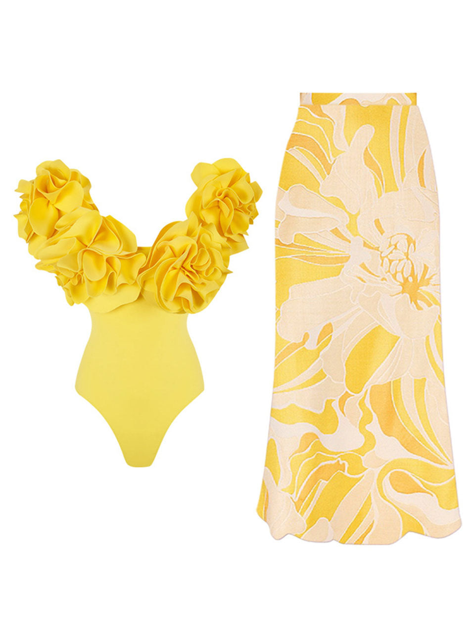 Yellow V Neck Flower One Piece