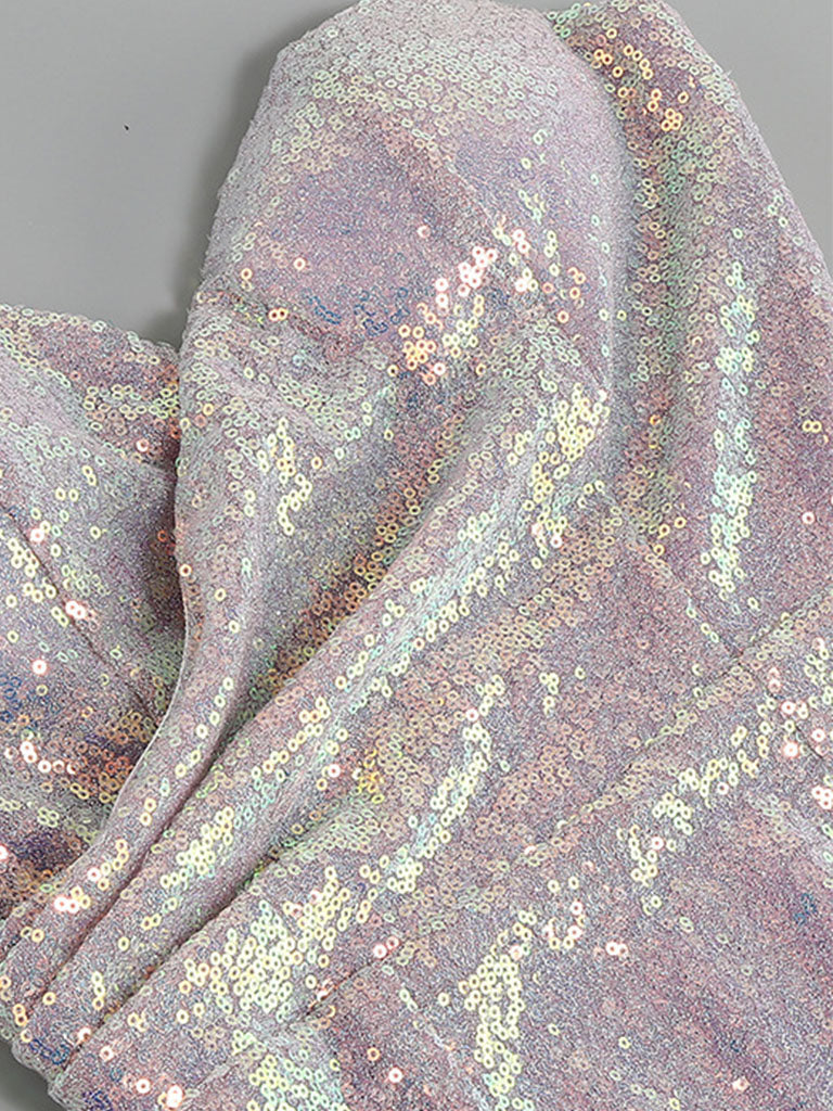 Purple Sweet Feather Hem Sequin Strapless Bodycon Gown Party Dress