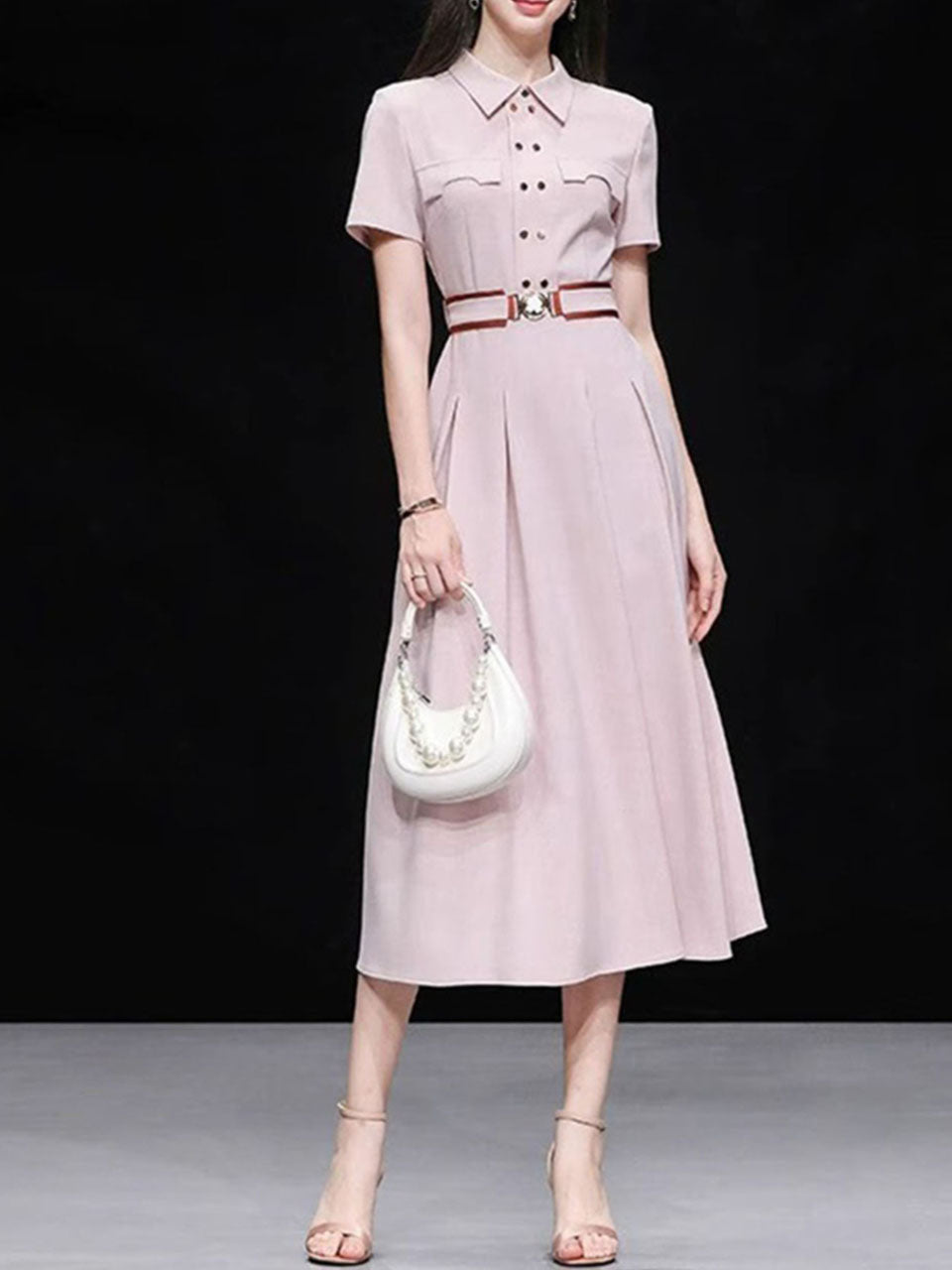 Apricot Pink Double-Breasted Belted Tunic Shirt Dress