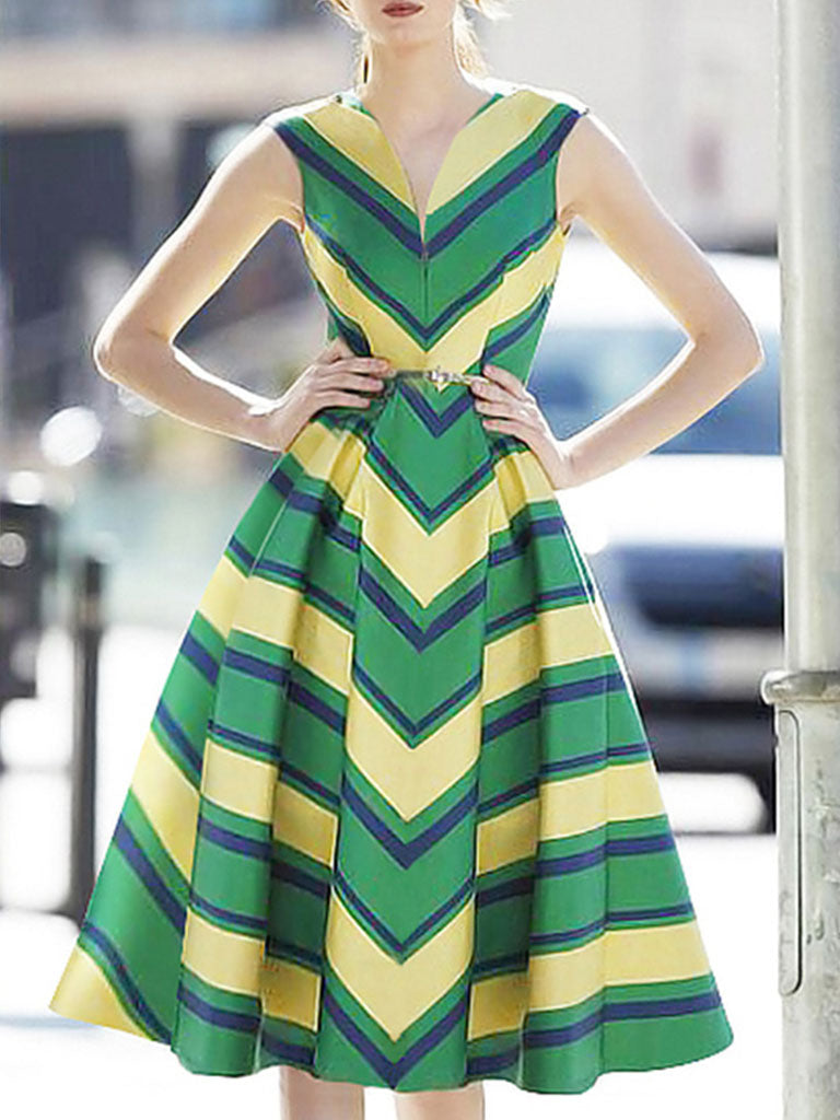 Yellow And Green V Neck Stripes 1950S Hepburn Style Outfits Vintage Swing Dress