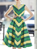Yellow And Green V Neck Stripes 1950S Hepburn Style Outfits Vintage Swing Dress