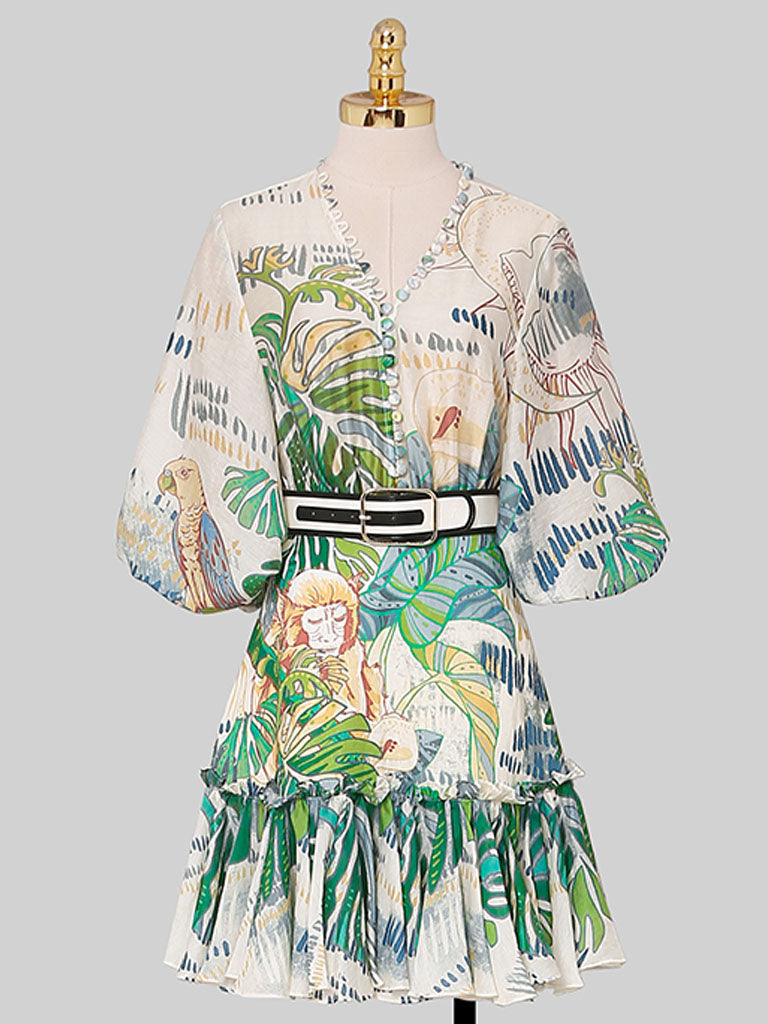 Green Retro Lantern Sleeves Printed Mini Dress