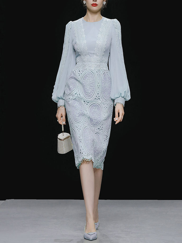 Lilac Lantern Sleeve Embroidered Lace Chiffon 1930S Dress