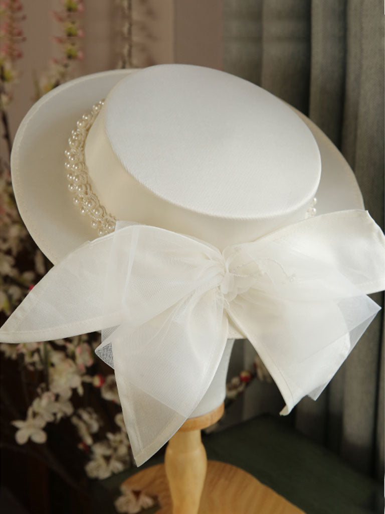 White Big Bow Wedding Pearls Hat