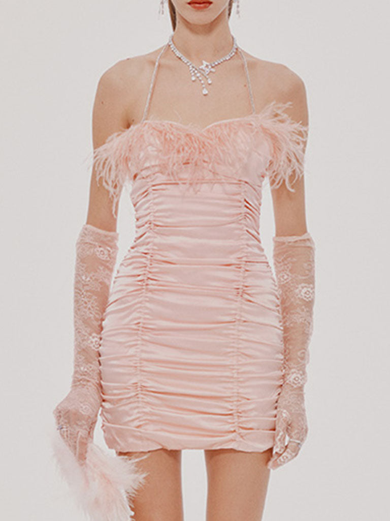 Pink Spaghetti Strap Feather Satin Pleated Gown Party Dress