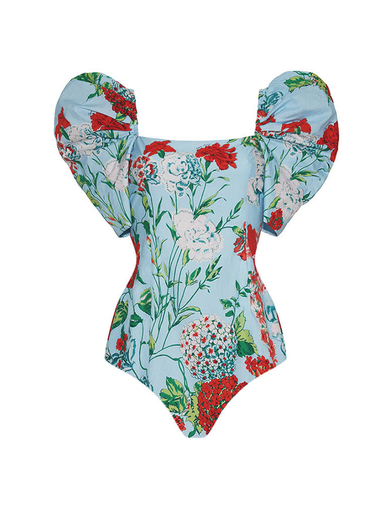 Green Retro Floral Print Puff Sleeve One Piece
