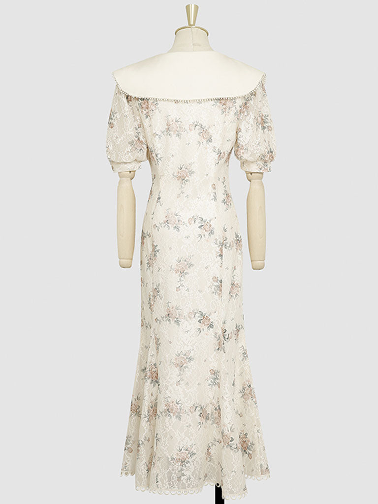 White Floral Print Puff Sleeve Vintage Mermaid 1940S Fish Tail Vintage Lace Dress