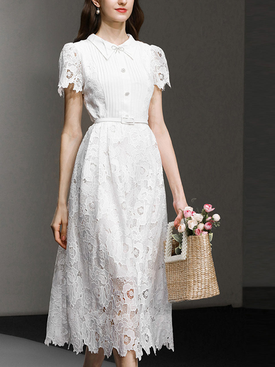 White Lace Short Sleeve 1950S Vintage Dress