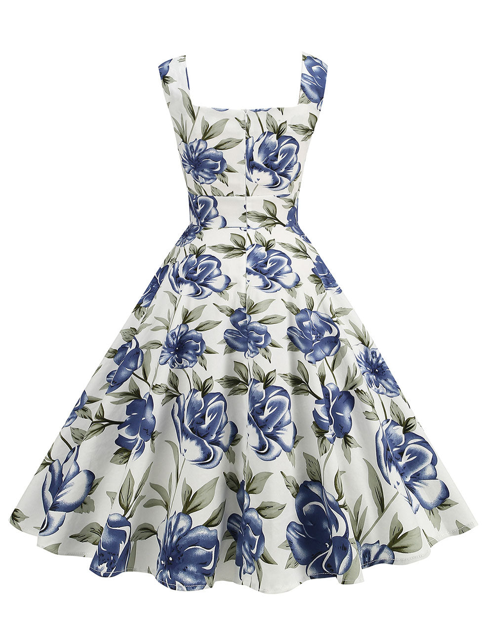 Blue Floral Print  Sleeveless 1950S Vintage Dress
