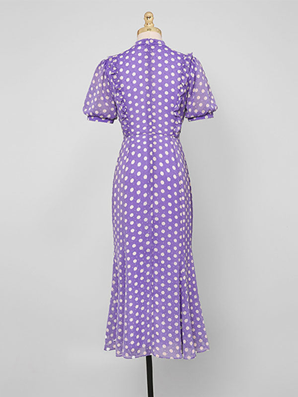 Blue Polka Dots Puff Sleeve Vintage Chiffon Dress