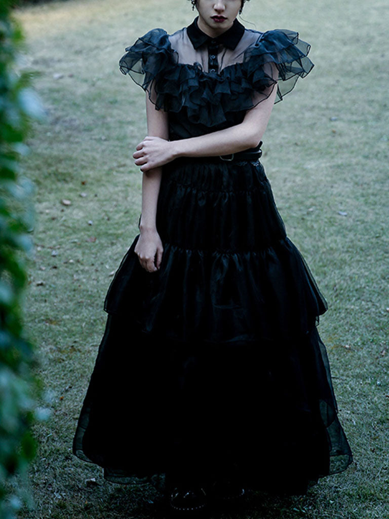 Black Ruffles Gothic Style Organza Vintage Dress Wednesday Dress