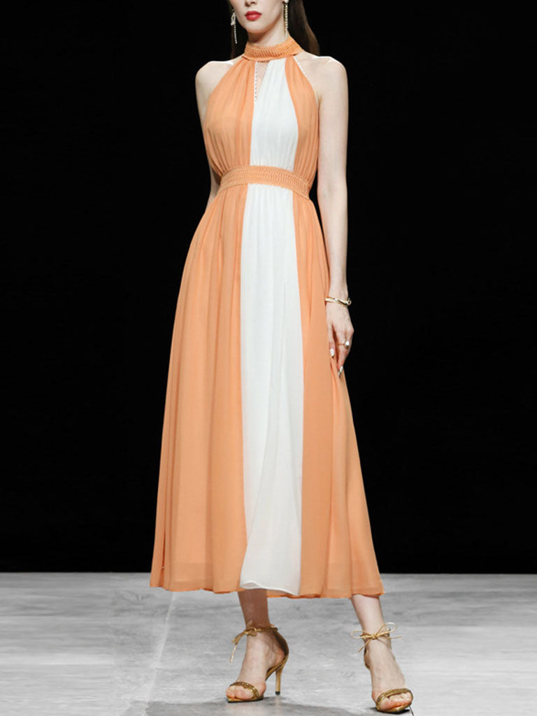 White And Orange Lace Halter Maxi Dress
