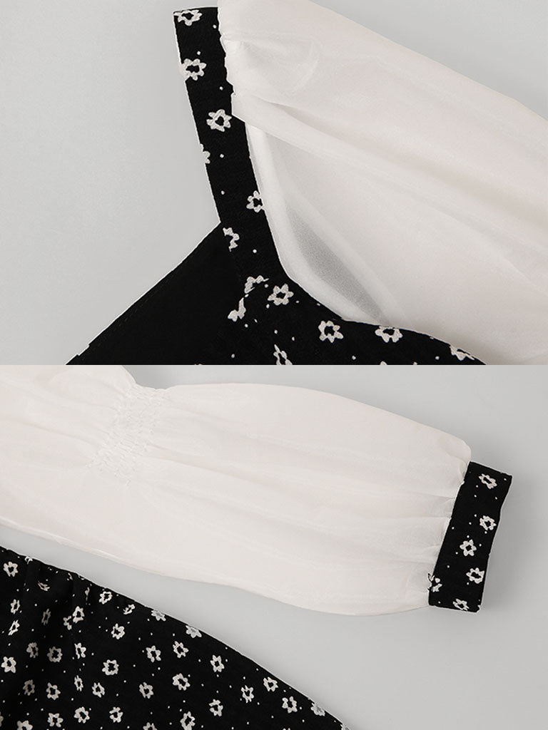 Black Daisy Print Split Straight Dress