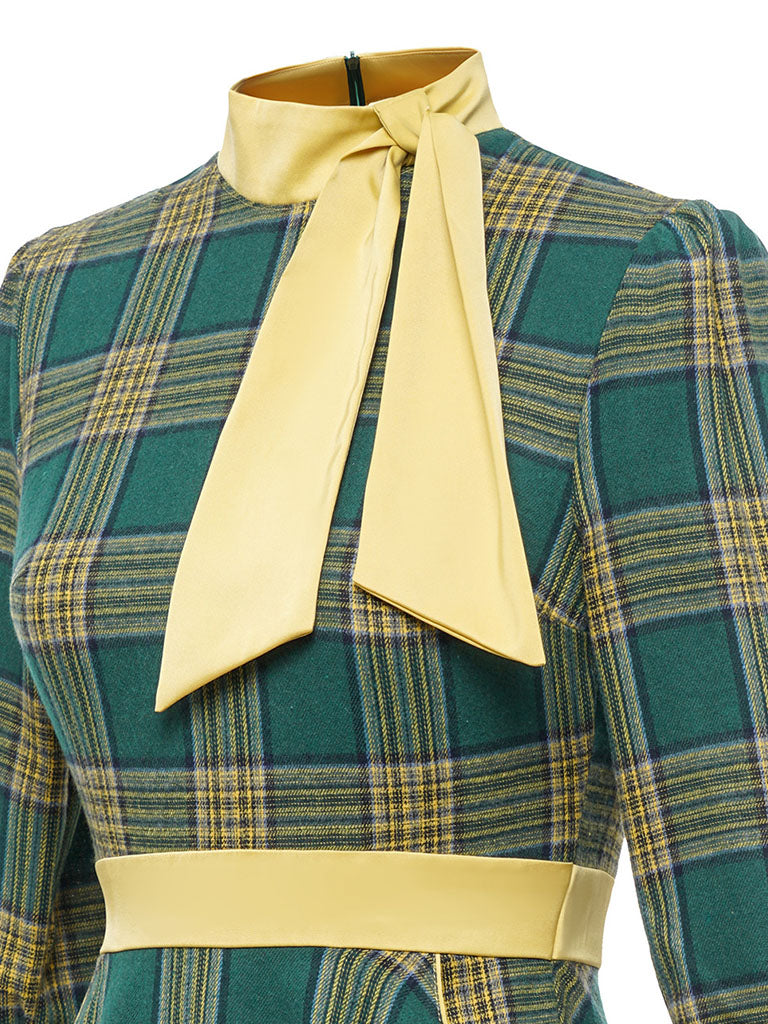 Green And Yellow Plaid 3/4 Sleeve 1950S Cotton Vintage Dress