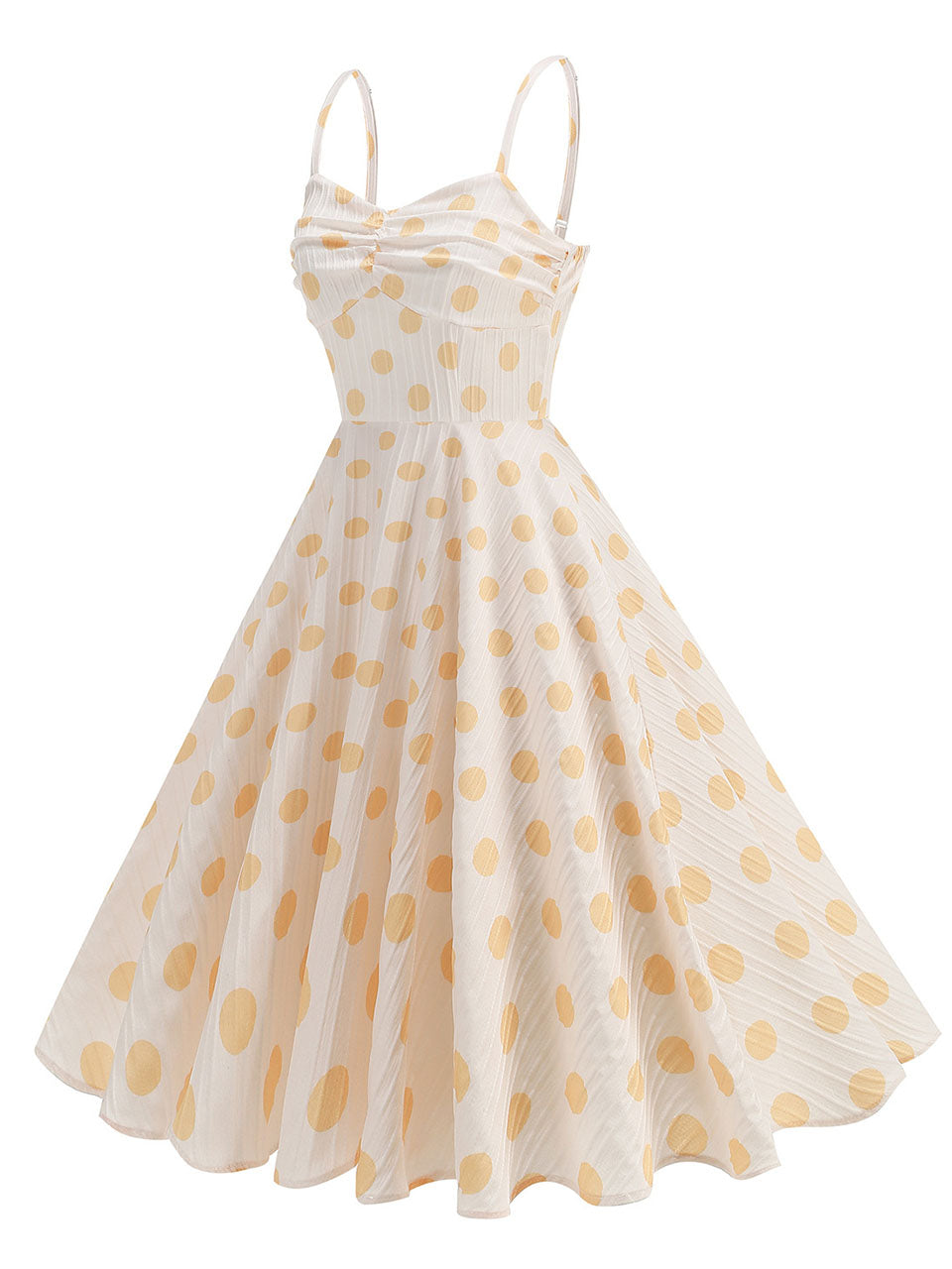 White and Yellow Polka Dots Spaghetti Strap 1950S Vintage Swing Dress