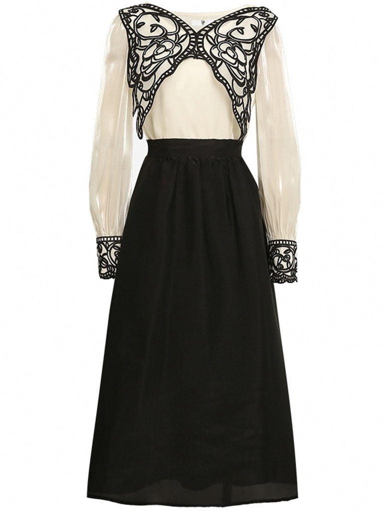 2PS White Butterfly Long Sleeve Top And Black Swing Skirt Suit