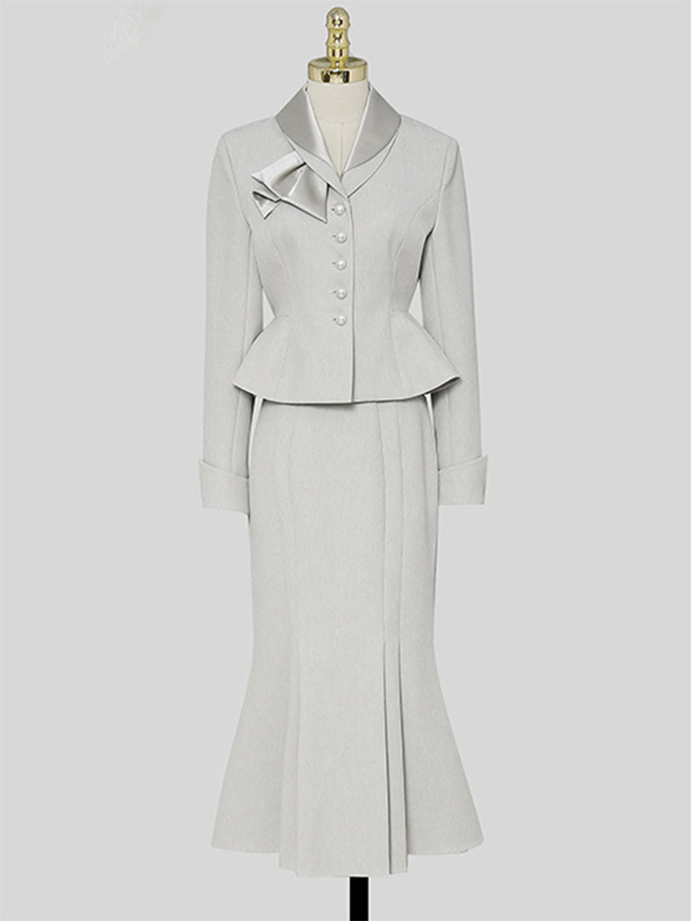 2PS Grey Wasp Waist Top And Wrap Fishtail Skirt Suit