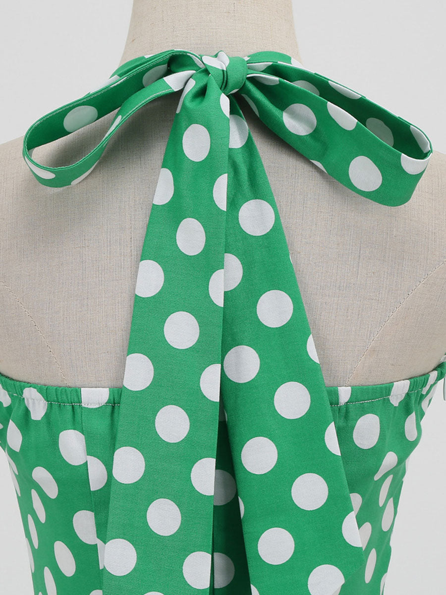 Green And White Polka Dots Pockets Vintage Halter 1950S Dress
