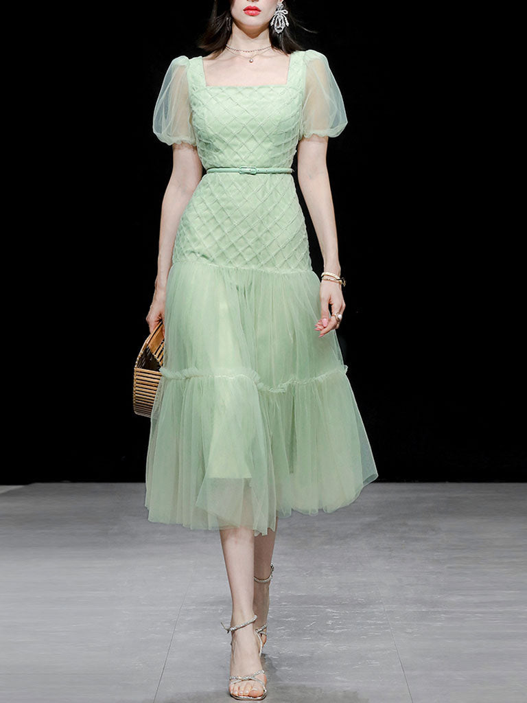 Green Vintage Style Square Neck Puff Sleeve Tulle Party Dress