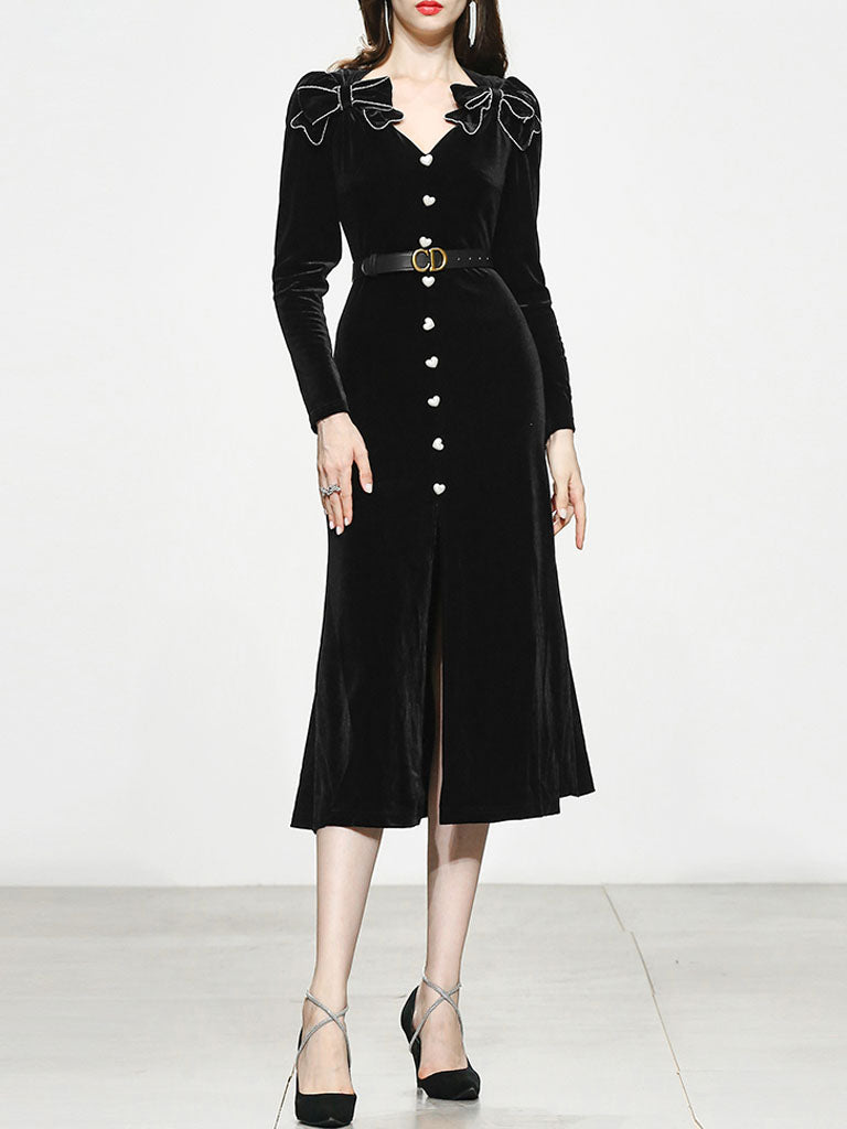 Black Bowknot V Neck Velvet Heart Button 1950S Vintage Dress