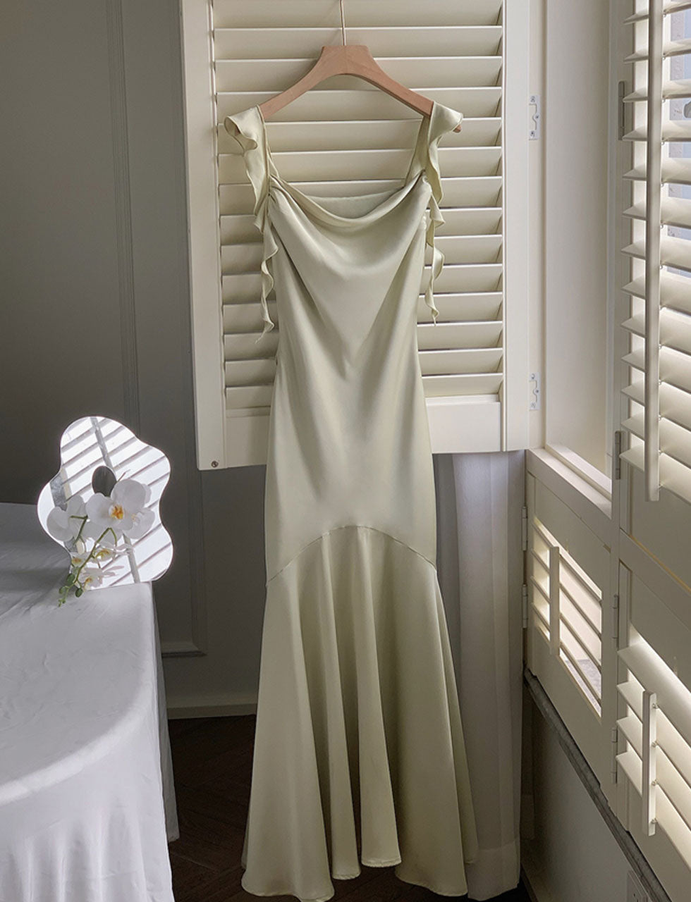 Green Spaghetti Strap Ruffles Bodycon Dress Gown Party Dress
