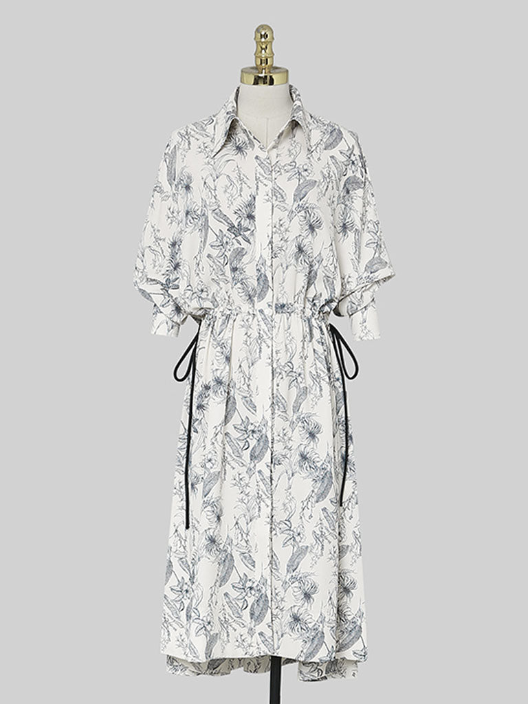 Apricot Doll Sleeves Nipped Waist Slim Print Shirt Dress