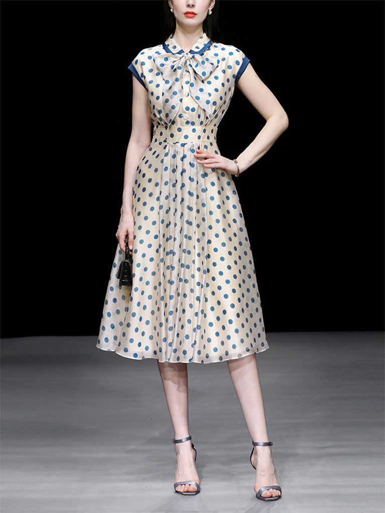 Blue Polka Dots Bow Collar 1950S Vintage Dress