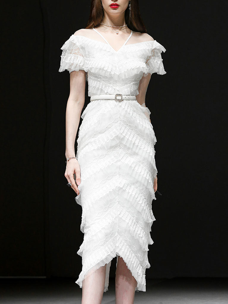 White Romantic Wedding Ruffles V-Neck Sequin Lace Irregular Hem Dress