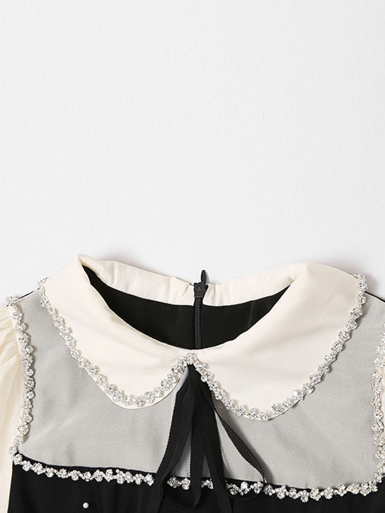 Black Peter Pan Collar Puff Sleeve Split Party Dress