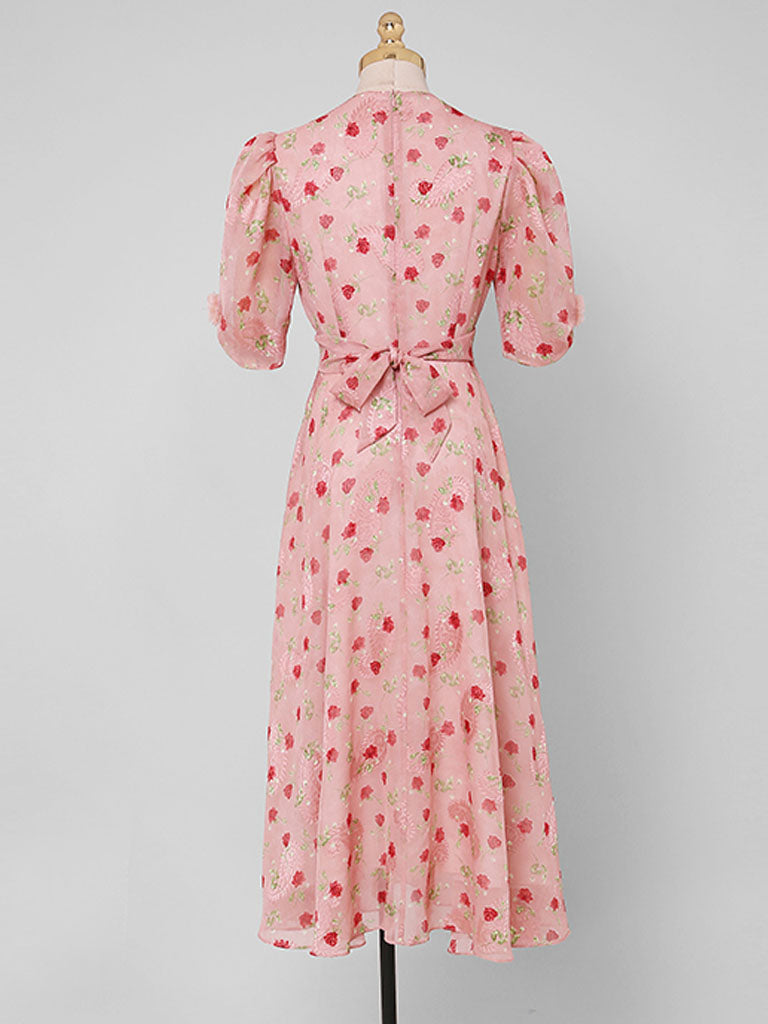 Pink Rose Floral Chiffon Vintage Style 1950S Dress