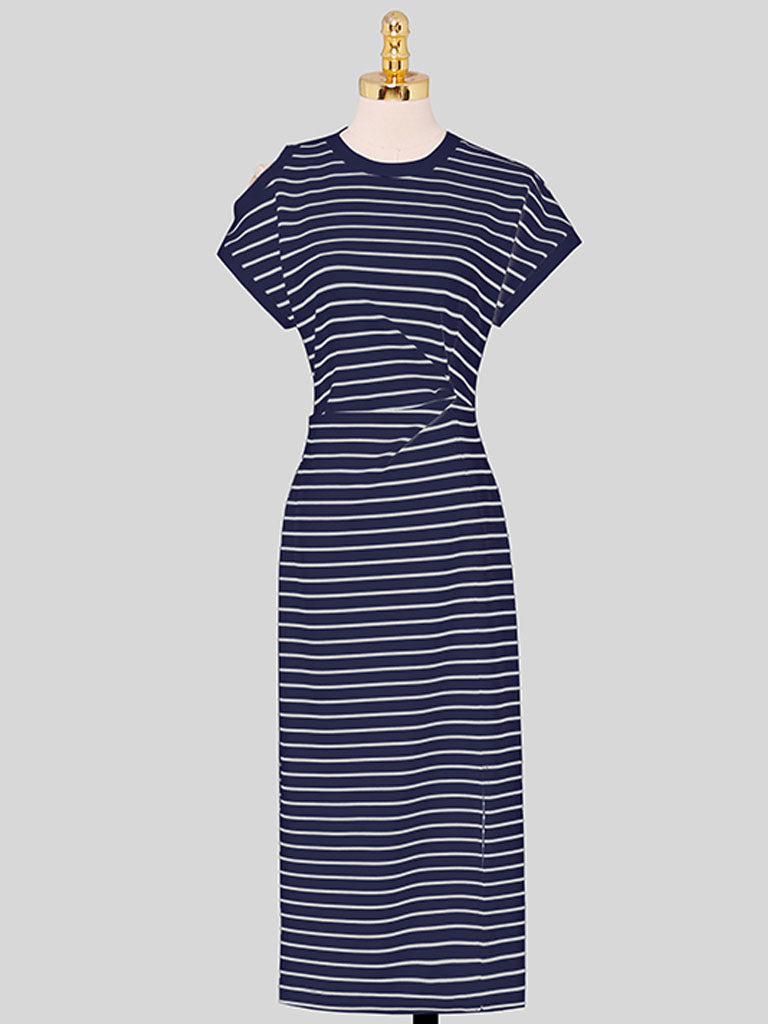 Striped Crew Neck Slit Casual Bodycon Dress