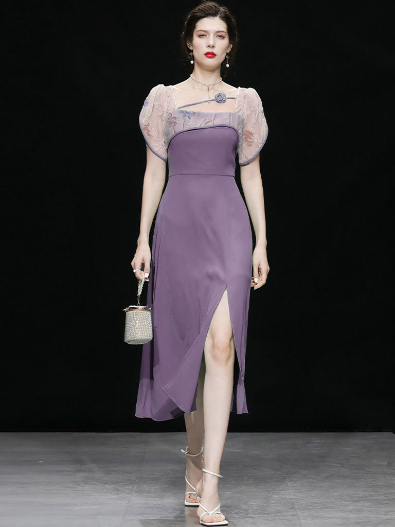 Lavender Flower Split 1950S Vintage Dress