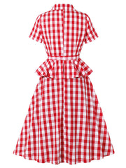 1950s Red Turn Down Collar Plaid Short Sleeve Vintage Dress