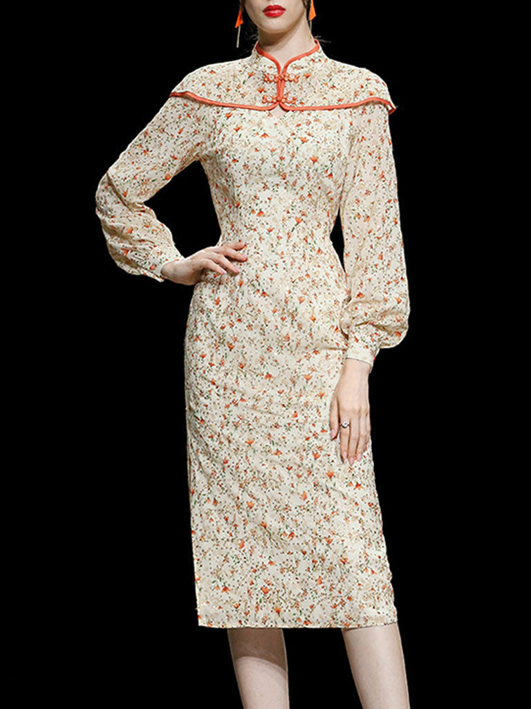 Orange Floral Print Long Sleeve Fishtail Cheongsam Dress