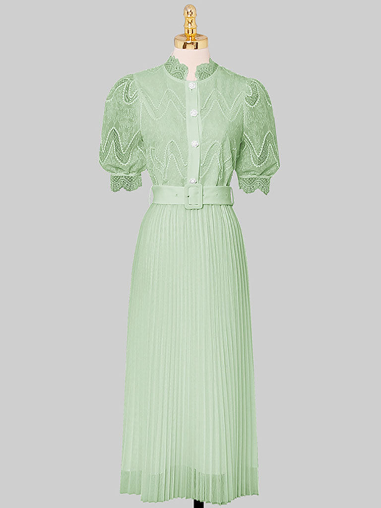 Apricot Stand Collar Puff Sleeve Mesh Pleated Dress