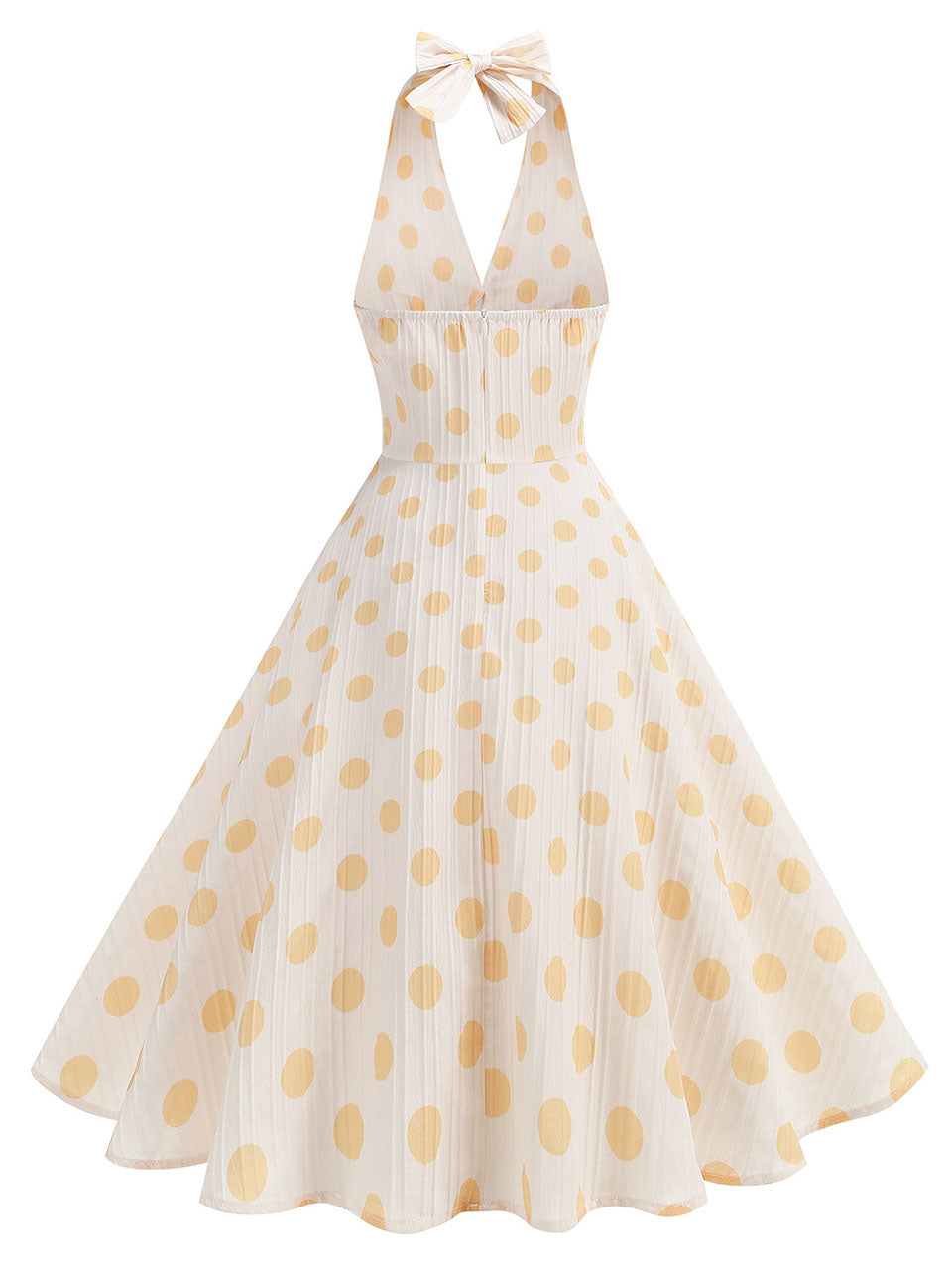 White and Yellow Polka Dots Halter Backless 1950S Vintage Swing Dress