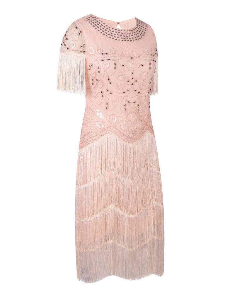 Pink Gatsby Glitter Fringe 1920s Flapper Dress Set