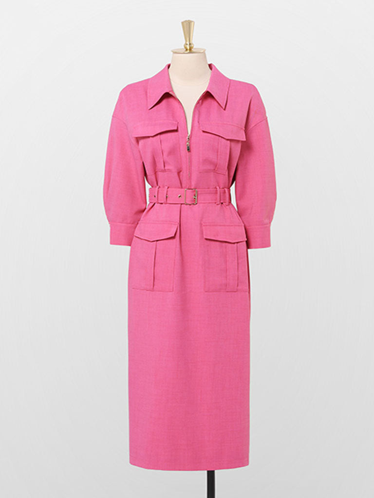 Nude Pink Turndown Collar Half Sleeve 1940S Vintage Dress