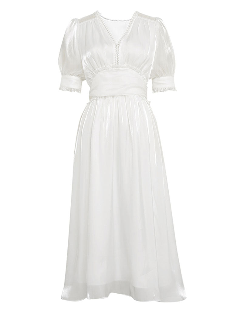 White Ruffles Puff Sleeve Organza Vintage Dress