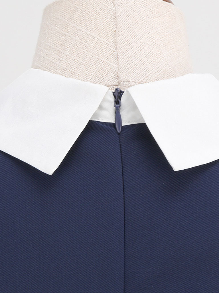 Navy Cotton Plaid Short Sleeve Cravat Tie 1950S Vintage Dress