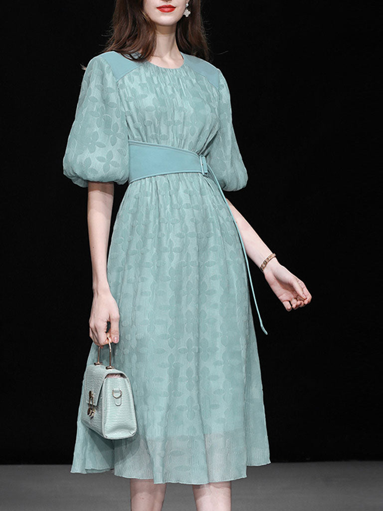 Green Crew Neck Toothpick Pleated Jacquard Fabric Puff Sleeve Vintage Dress