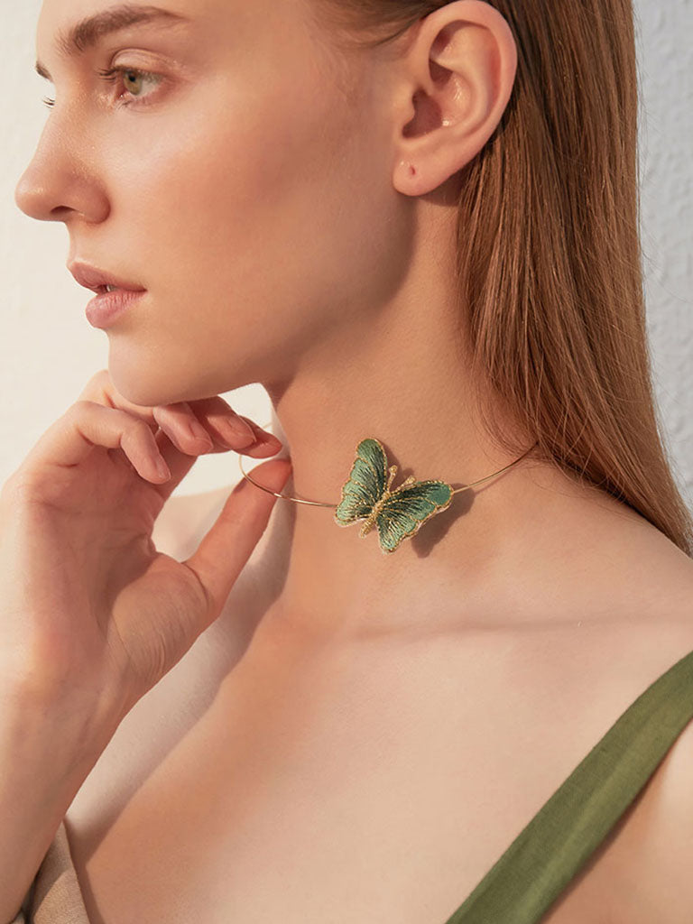 1950S Embroidered Butterfly Choker Vintage Necklace