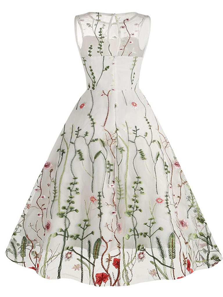 Wine Red Semi Mesh Flower Embroidered Sleeveless 50S Swing Dress