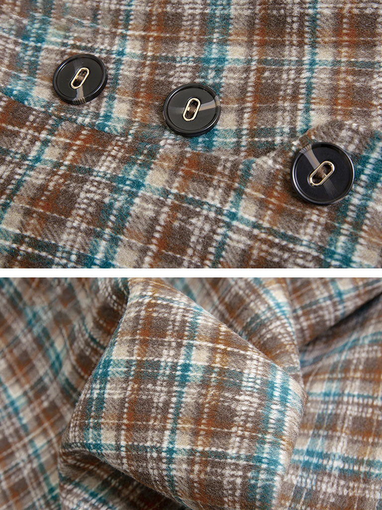 Sweet Brown Plaid Long Sleeve Dress Cape Coat