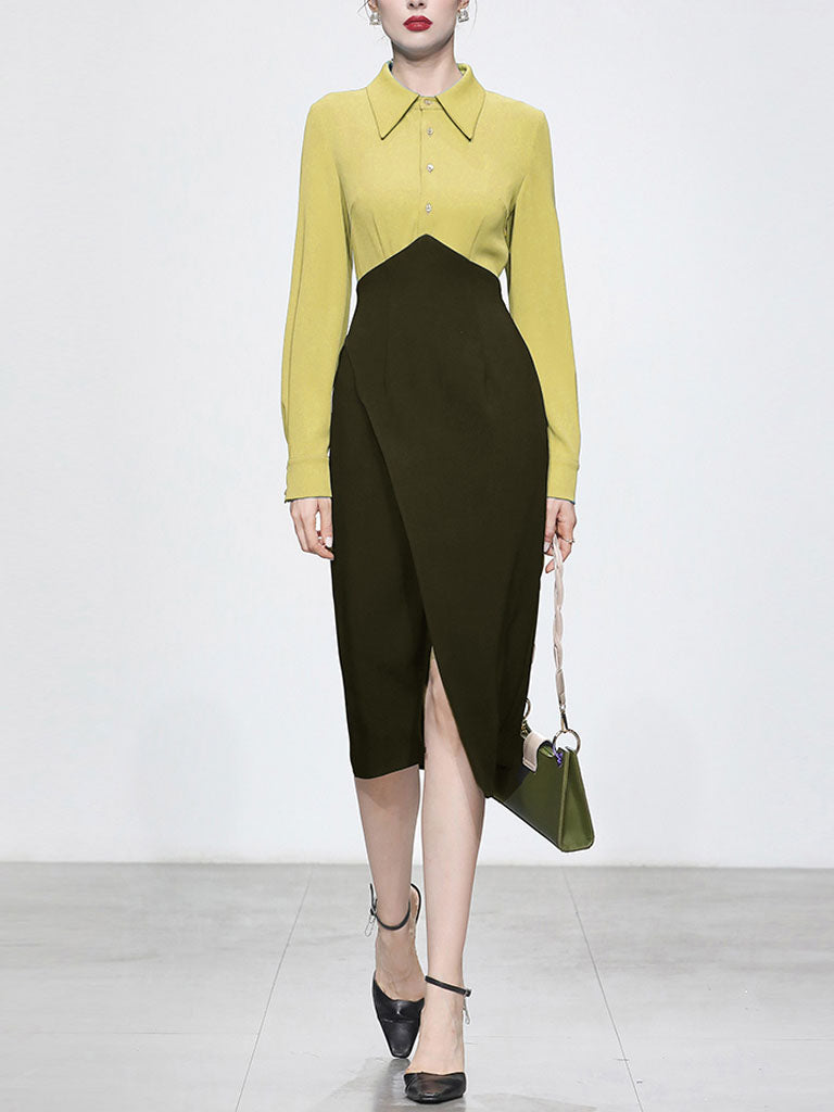 Yellow Turn Down Collar Long Sleeve 1960S Dress
