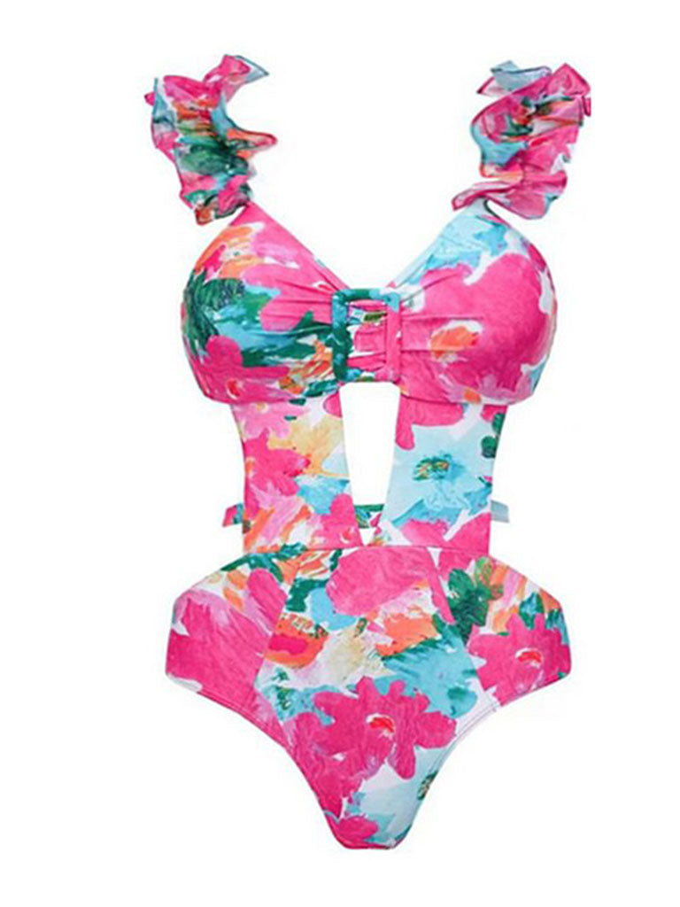 Pink Handmade Flower Ruffles Strappy One Piece