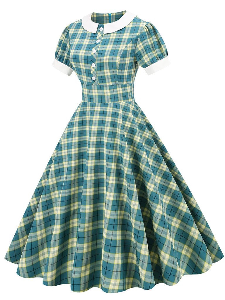 Green Plaid Peter Pan Collar Hepburn Style Puff Short Sleeved Elegant 1950S Swing Dress