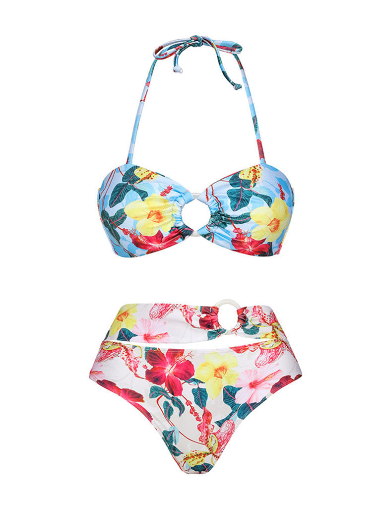 Blue Flower Print Ruffles Halter Bikini