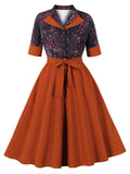 1950s Brown Floral Print Plaid 3/4 Sleeve Vintage Swing Dress