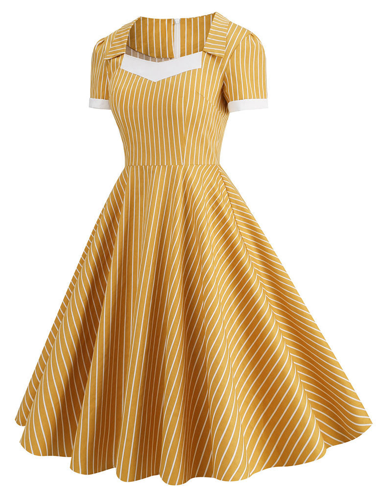 Square Collar Stripe 1950S Vintage Dress